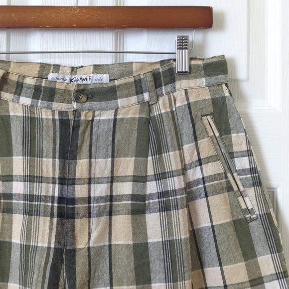 Kikomo 90's Vintage Plaid Linen Blend High Waisted Wide Leg Shorts Sage 13/14 - Picture 2 of 11